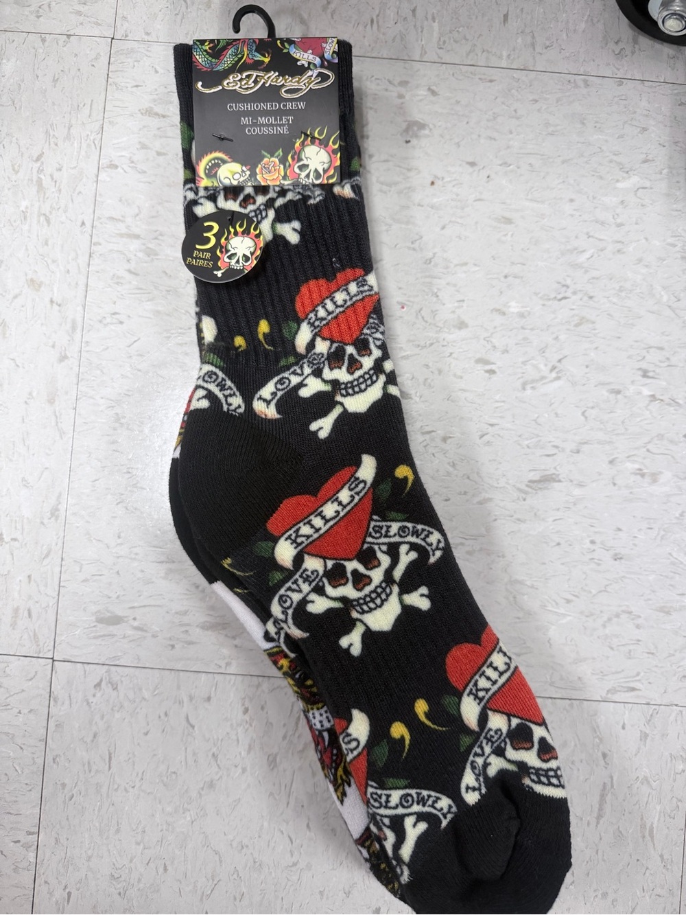 Ed Hardy Black Crew Socks with Red Heart Skull Tattoo